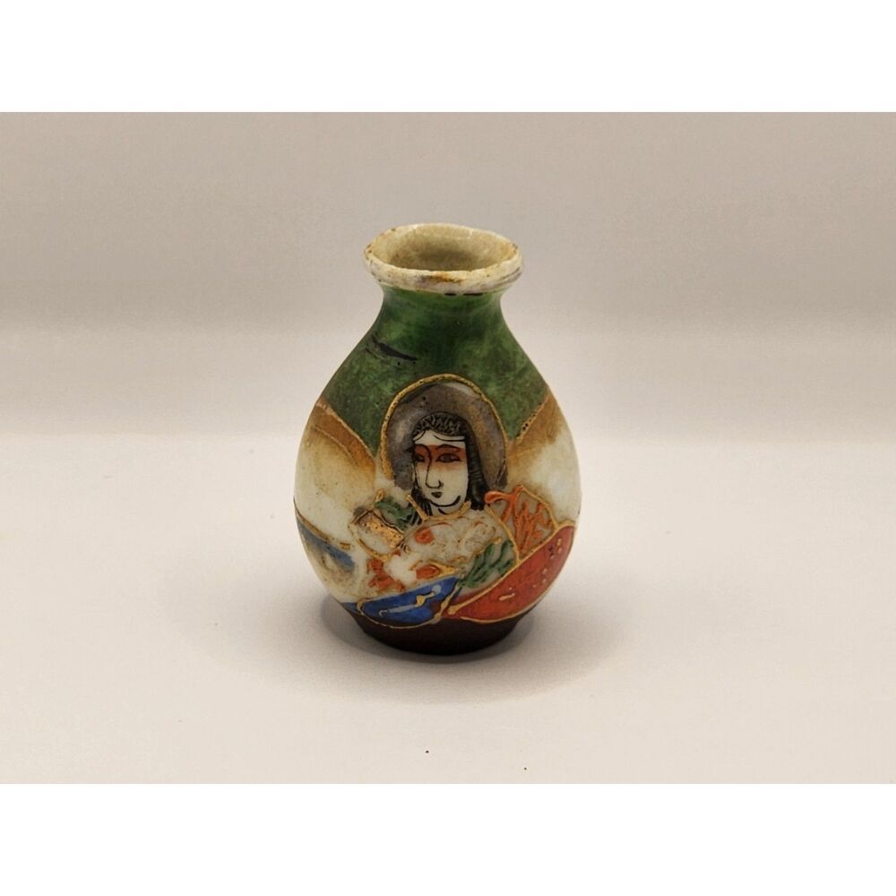 Japanese Style Satsuma Style Mini Bud Vase Geisha Figural Green Brown Gold Gilt